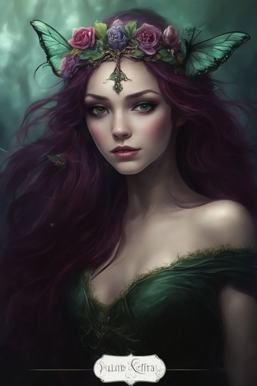 Dark purple hair, elven crown, very long hair ,roses emerald, Water lilies, long hair,lotus ,night, Fairy princess rapunzel hair ,queen crown, dragonflies fireflies ,elven tiara ,flowers, fairy wings, gothic, red ,fairy crown,butterflies