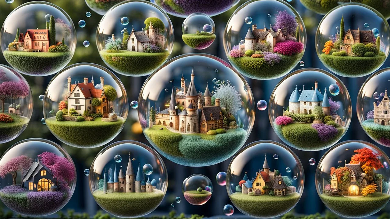 A stunning 3D render of miniature worlds, captured in floating transparent bubbles. Each bubble showcases a unique scene, such as quaint villages, mystic, gardens, tropical island, enchanting castles, alien palnet, or whimsical fairy-tale landscapes. The miniature towns with featuring quaint houses, markets, and charming residents. In the gardens colorful delicate flowers and lush greenery. The castles are majestic and grand, with towers, big gates. Unusual and captivating plants coexist with ma