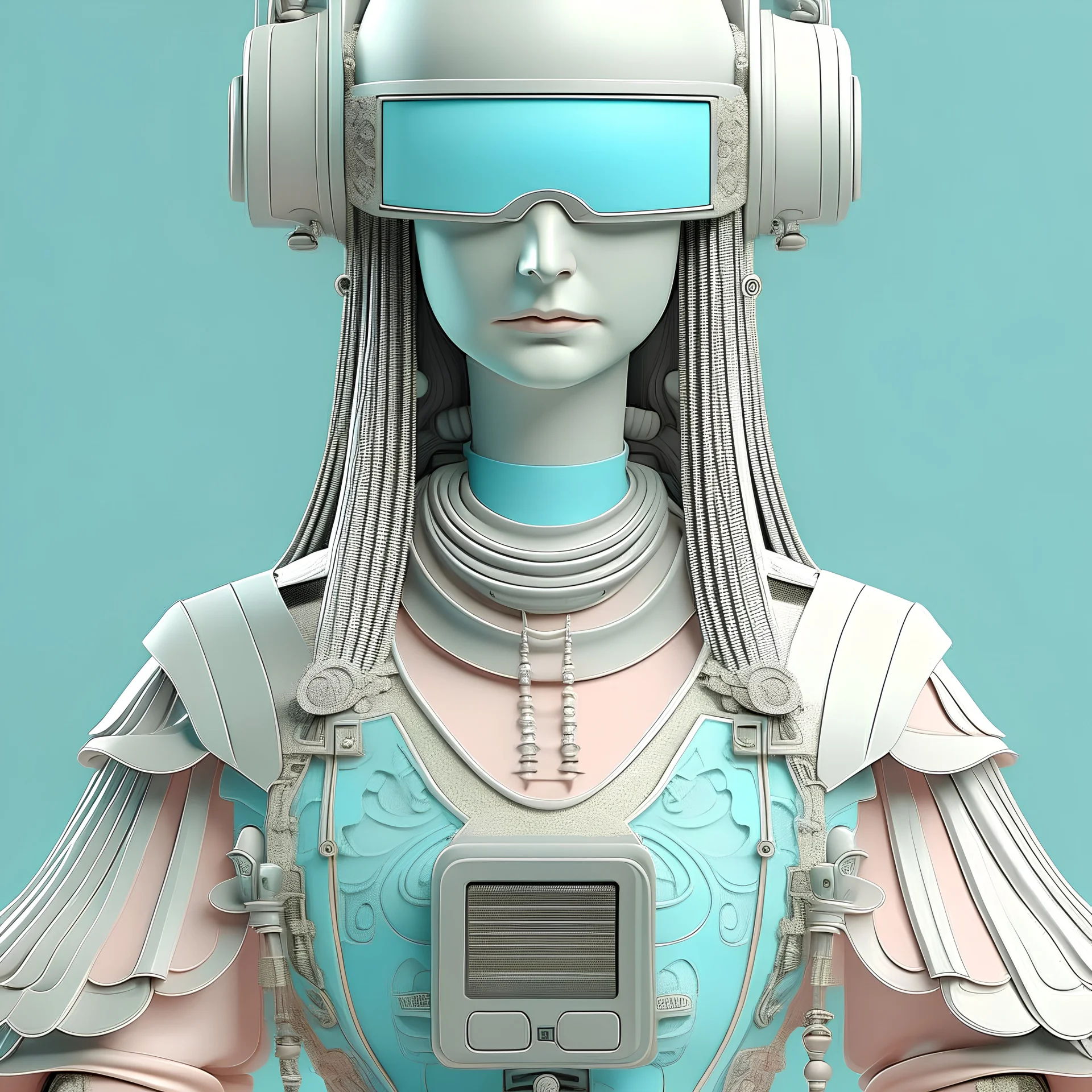 monalisa intricate details, pastel colors, futuristic outfit, gorgeous, weird, serious with VR glasses