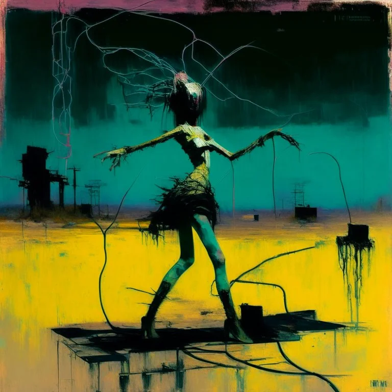 Dystopian future women with a twisted body dancing with retro monitor head and handing wires. In desolate landscape at night. With a concrete decaying block. Abstract oil painting in style of Justin Mortimer