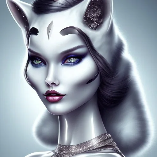 White catwoman, goddess, trippy, eyes different colored, snowwhite