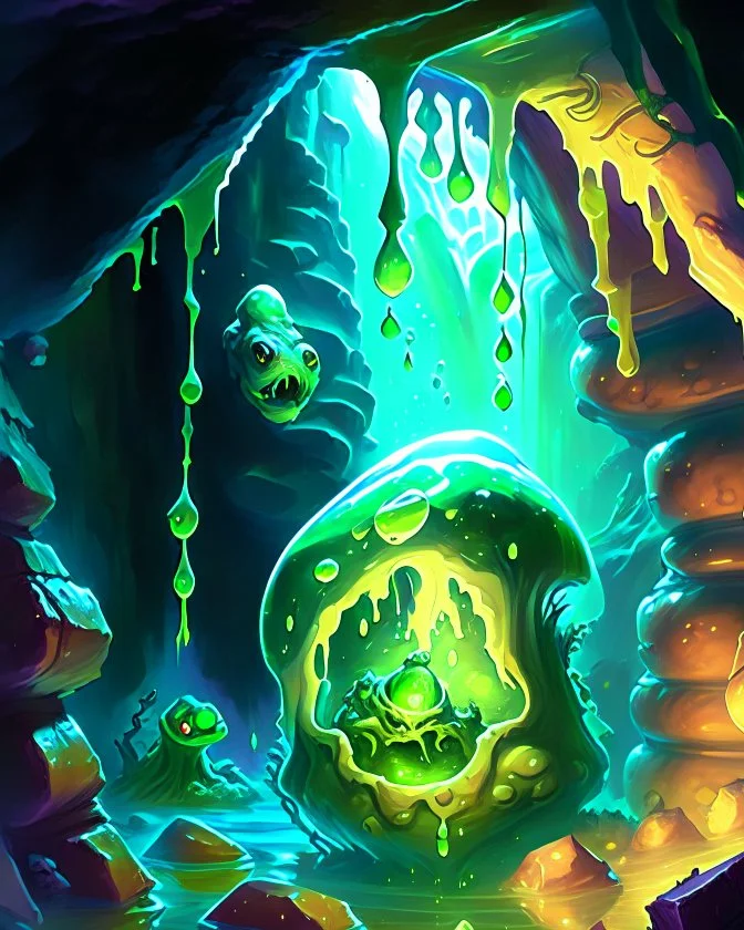 a slimy dripping gelatinous cube in vast dungeon cave room with treasure rpg art painterly