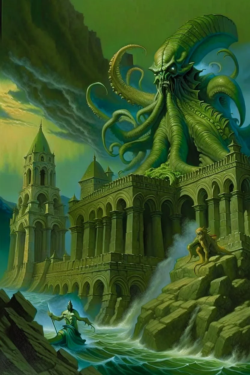 cthulhu destroying an ancient roman city. style of Michael whelan.