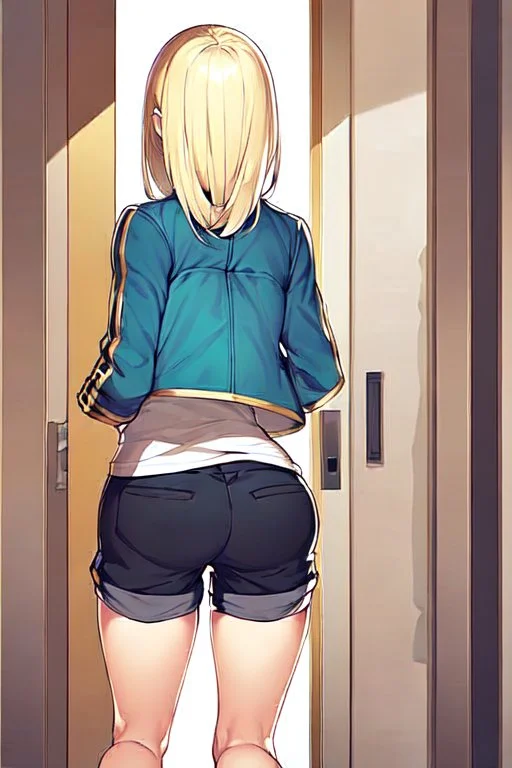 blonde girl with short jacket and shorts runs in a corridor, back view, line arts, manga style