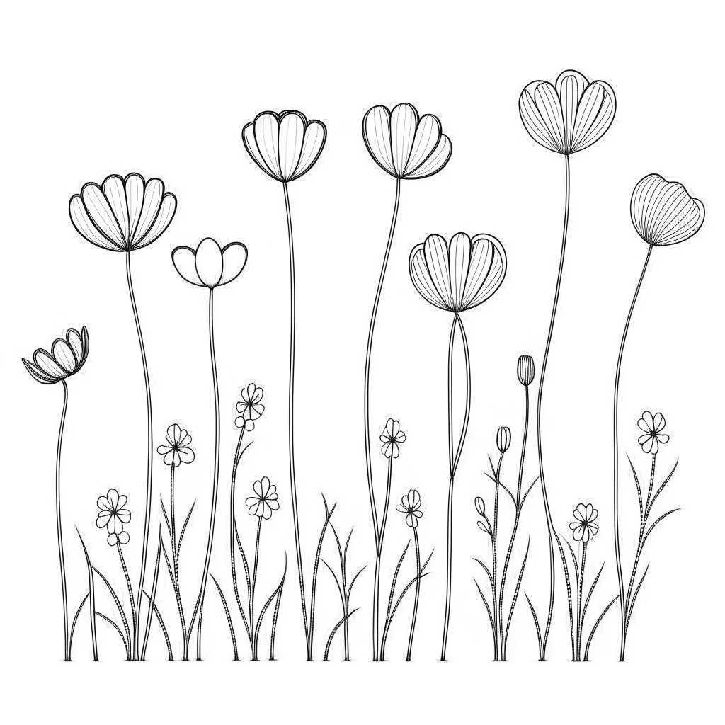 set of grow wind flower on the grace, SIMPLE ONE lineS art, white background, minimalis, different view, only white bakcground solid.