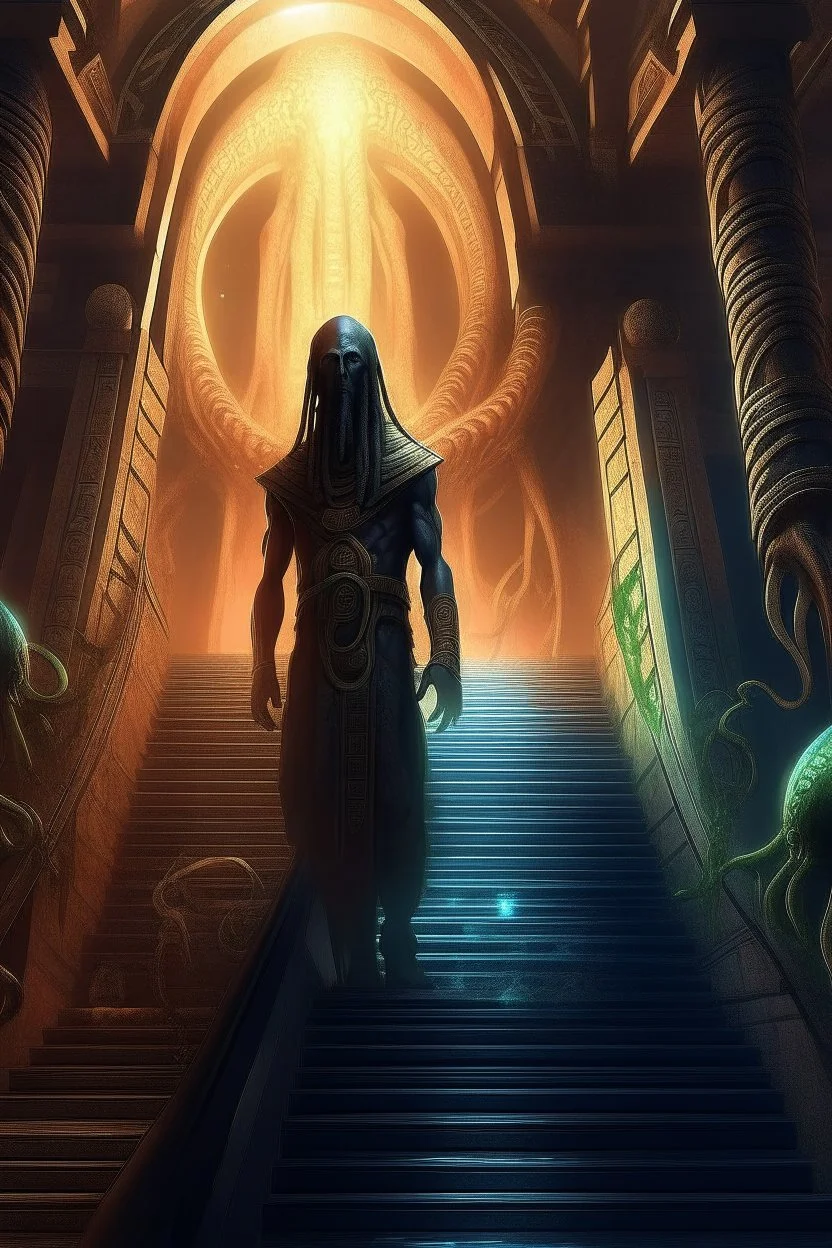 portrait of Nyarlathotep from Cthulhu mythos walking down stairs, stars shining, Egyptians with the hair standing straight up in front of pyramid of Babel. 4 k, down light, depth of field, trending art, spray paint, high detail, fantasy art, alien connection, future tech