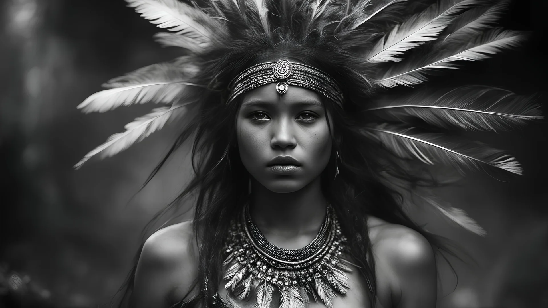 Photoreal unearthly gorgeous indigenous godlike mayan girl adorned in clothes adorned with feathers that flutter with every step exuding beauty and hair cascading down her back like a waterfall of obsidian and eyes holding a spark of wild intelligence shrouded in extreme pitch black darkness by lee jeffries, otherworldly creature, in the style of fantasy movies, full lenght shot on Hasselblad h6d-400c, zeiss prime lens, bokeh like f/0.8, tilt-shift lens