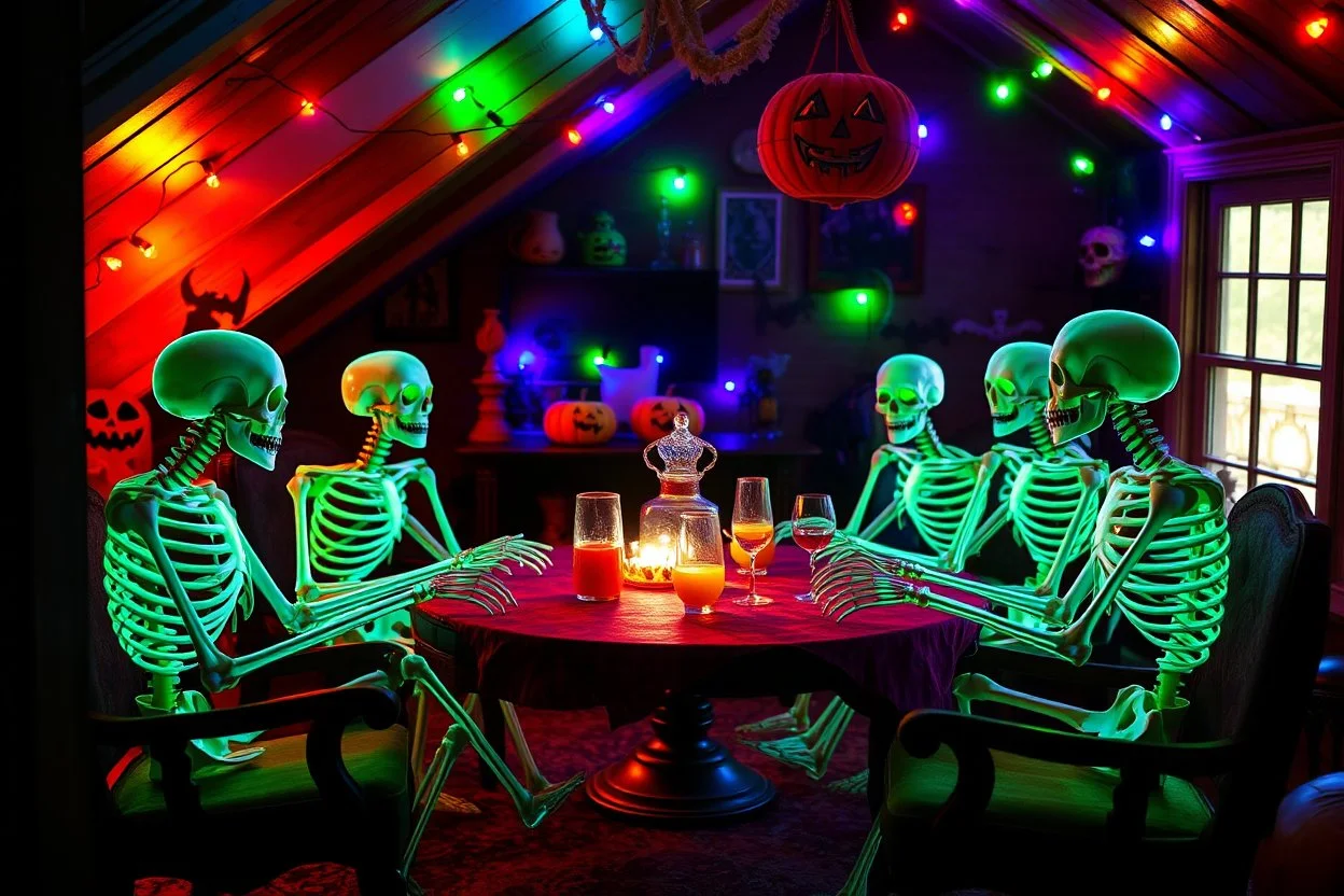 Glowing Halloween skeletons having a tea party in the haunted house attic. Colorful string lights and festive decorations create a spooky magical atmosphere