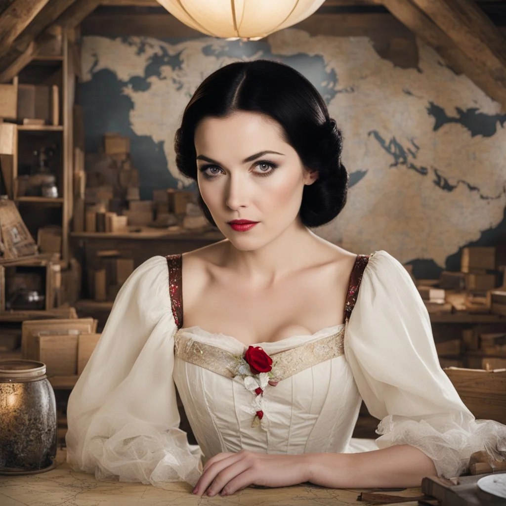 Snow White in flesh facing the camera, in her map room