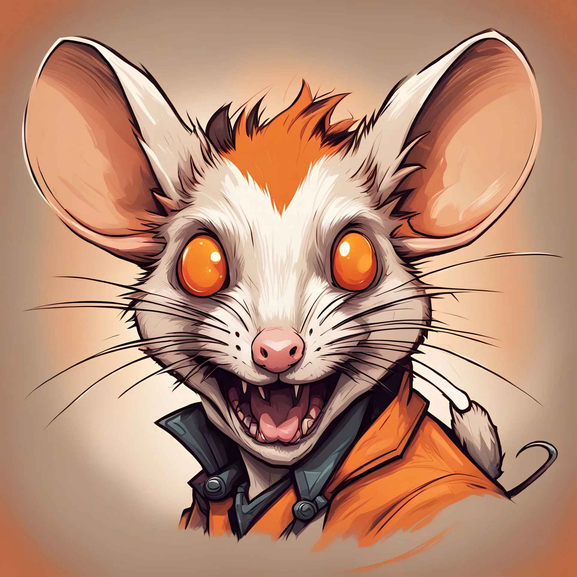 A orange and cream rat with a wild crazy look in their eye as they super fang, in card art style