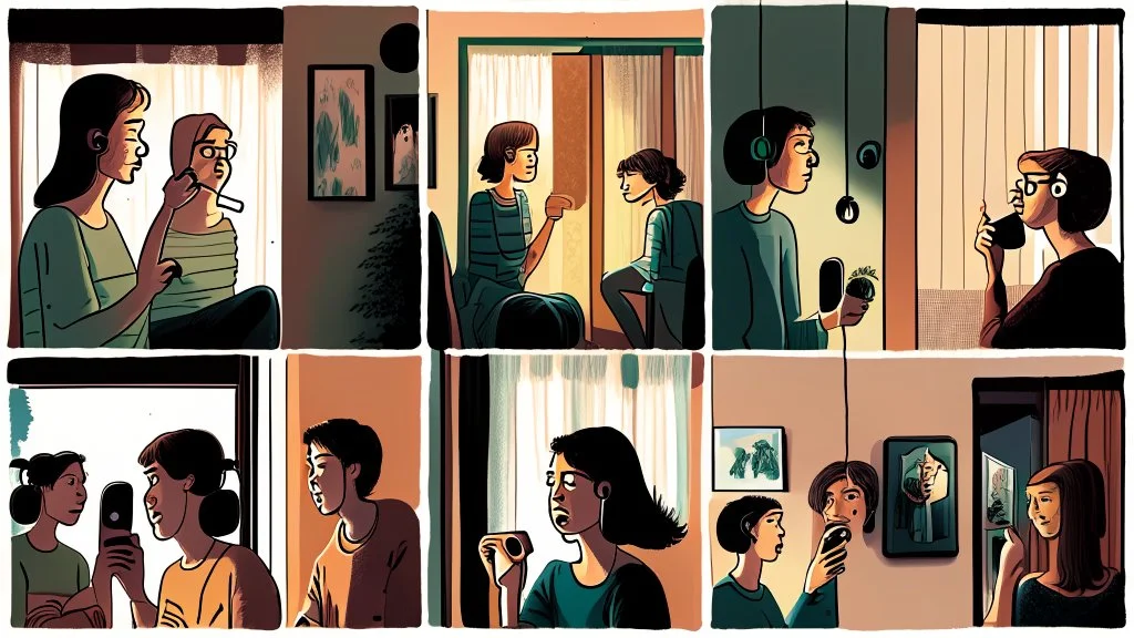 6 panels showing 12 different people in their house talking on the phone in a 12-step meeting