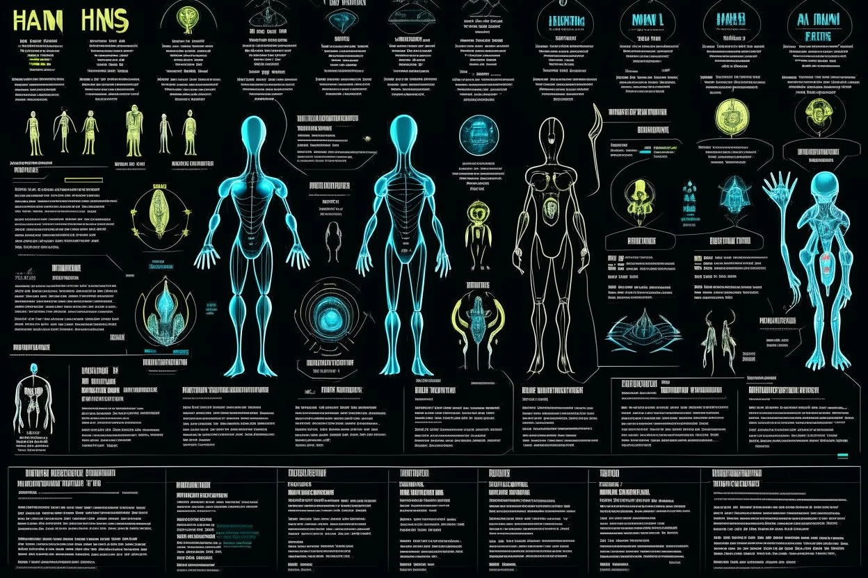 infographic about humans beings, made by alien, black background, strange gliphs, few text with big characters