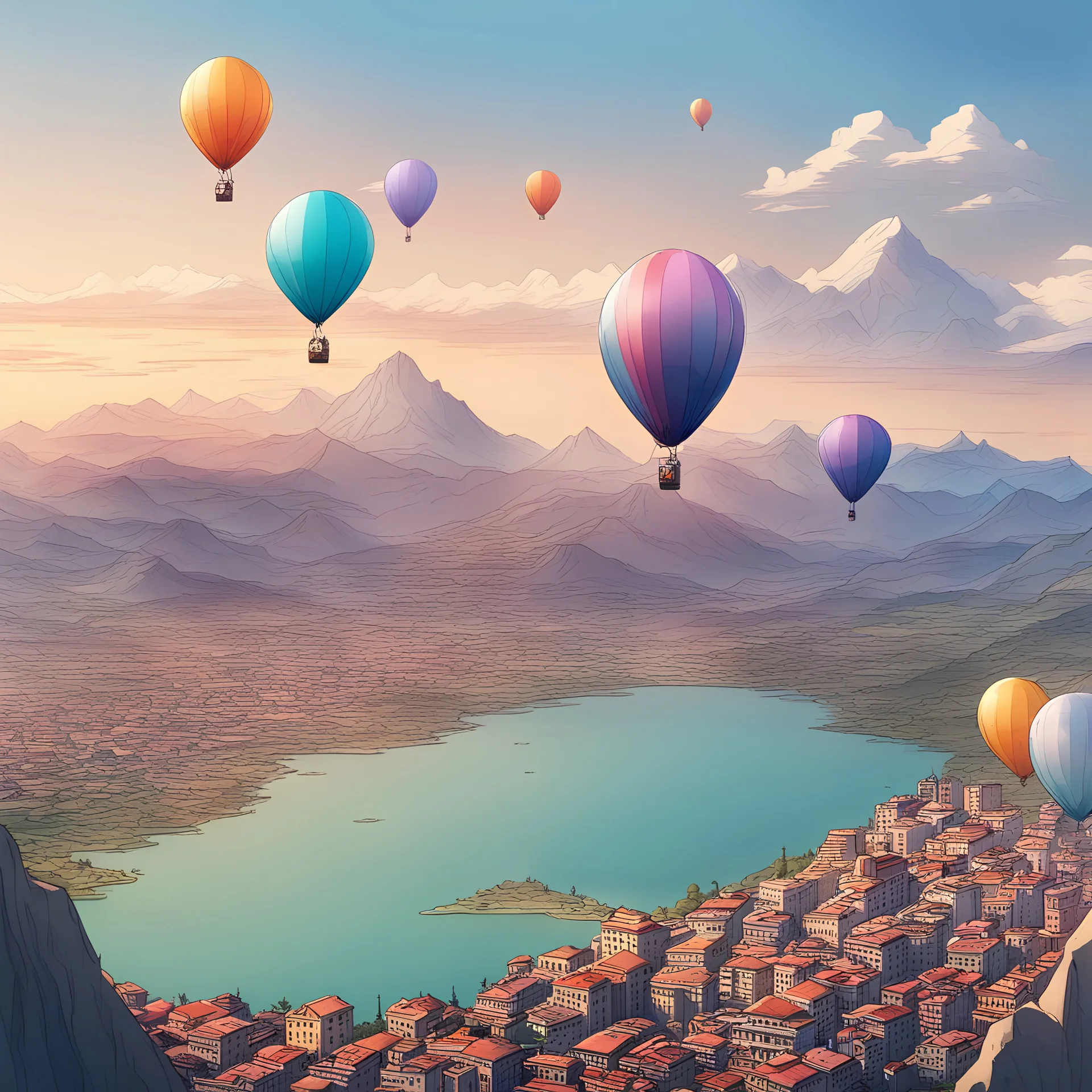 "A breathtaking view from behind the majestic mountains, with three colorful balloons floating in the sky above the bustling city below."