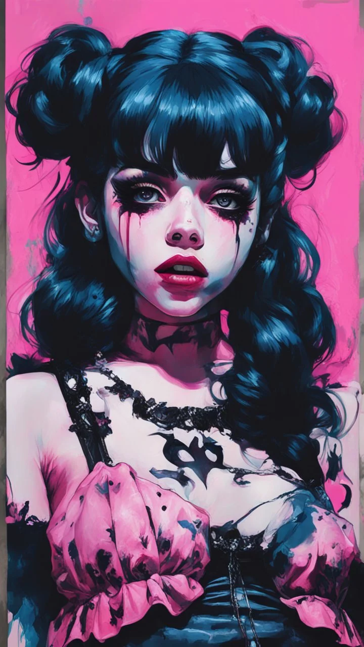 Poster in two gradually, a one side malevolent goth vampire girl face and other side the Singer Melanie Martinez face, full body, painting by Yoji Shinkawa, darkblue and pink tones,