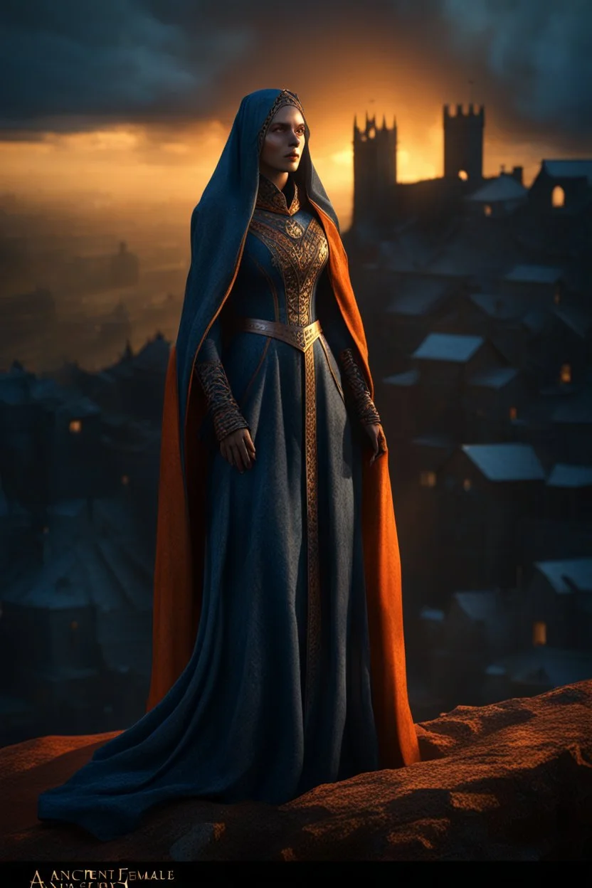 The ancient female Shadow of Death. frightening. Horror. standing on a hill watching a medieval city. fantasy art, blue and orange, gold, silver, copper, marble Cinematic lighting, Volumetric lighting, Epic composition, Photorealism, Very high detail, Character design, Unreal Engine, Octane render, HDR, Subsurface scattering