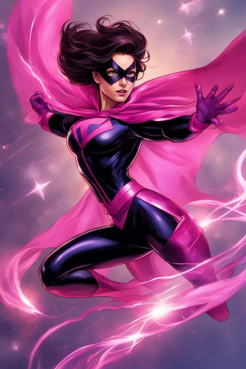 A superhero suit with a vibrant and energetic combination of pink and purple, with sparkles and a cape that flows gracefully. It would reflect her playful and adventurous nature, she has brown eyes and black brunette hair.