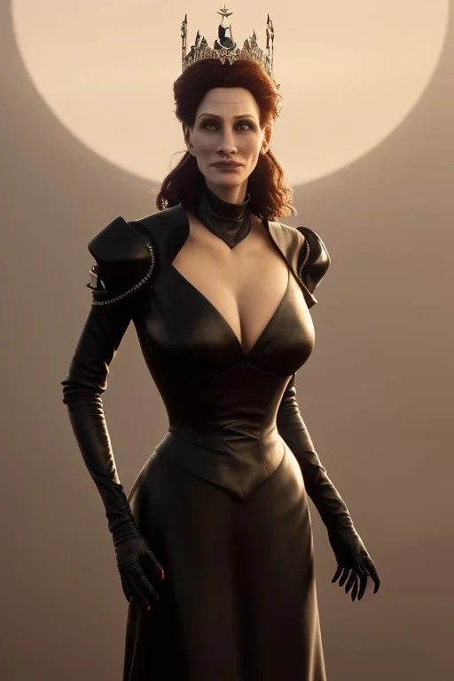 Julia Roberts as evil queen in black leather gown, evil, busty, cleavage, curvy, angry, stern look. character design by cory loftis, fenghua zhong, ryohei hase, ismail inceoglu and ruan jia. unreal engine 5, artistic lighting, highly detailed, photorealistic, fantasy