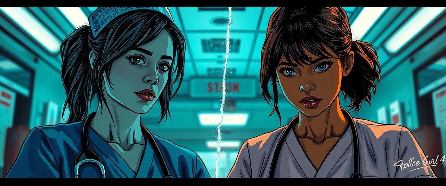 cyberpunk fallout 4, airbrush and pen outline, A cinematic, high-end advertisement image for a fictional service called “Spice Girl Nurses™”. Split-screen composition with two contrasting emotional states.