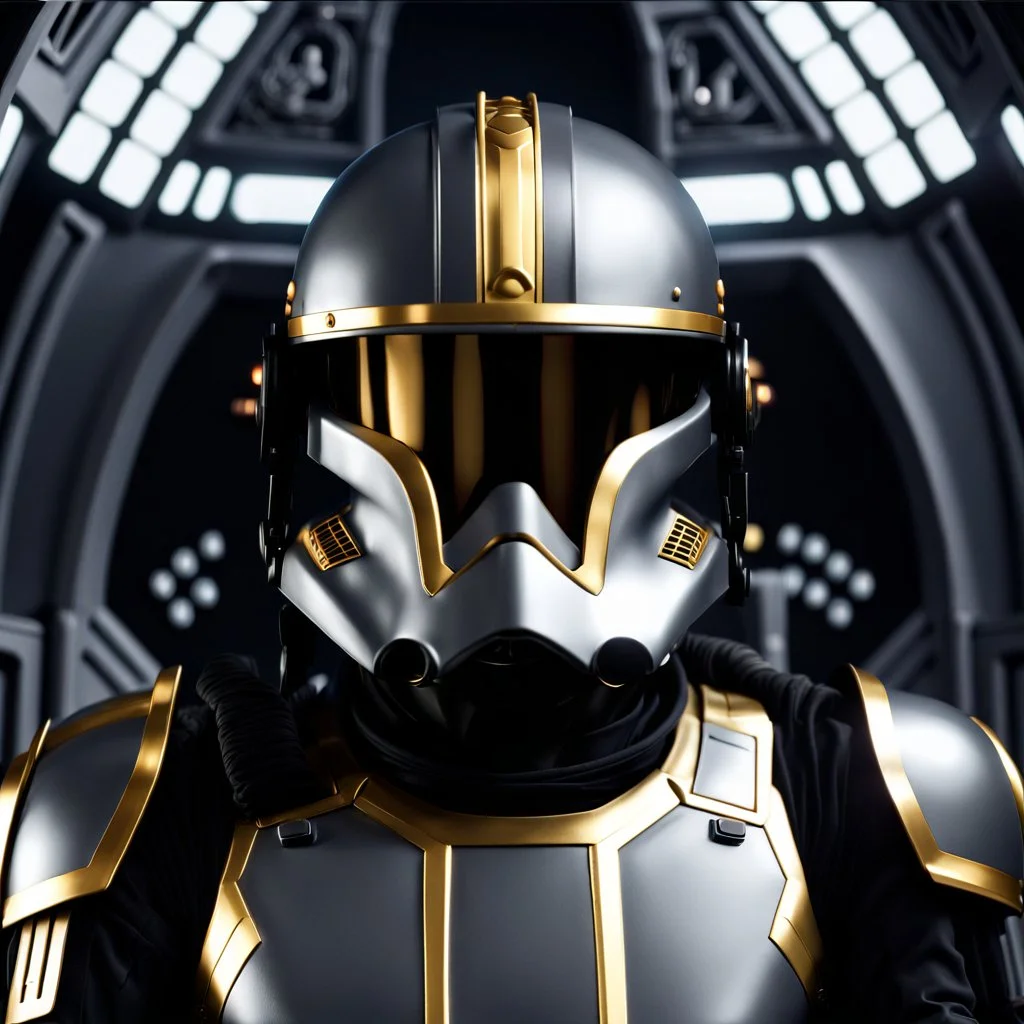 star wars bald male corellian pilot wearing gunmetal grey and black First Order special forces TIE pilot armored flightsuit and helmet with gold trim inside the jedi temple, centered head and shoulders portrait, hyperdetailed, dynamic lighting, hyperdetailed background, 8k resolution, volumetric lighting, light skin, fully symmetric details