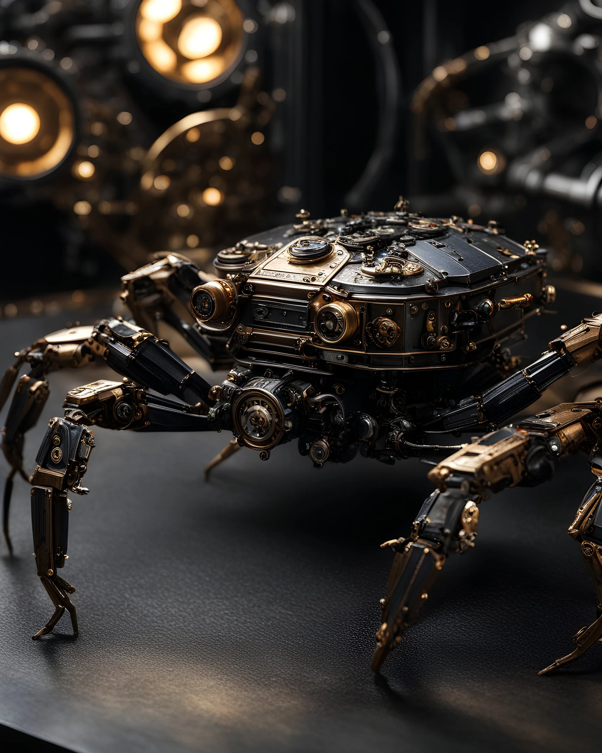 Mechanism crab,hyperrealism, masterpiece, expert, 8K, dramatic lighting, sharp focus, dark, black, steampunk