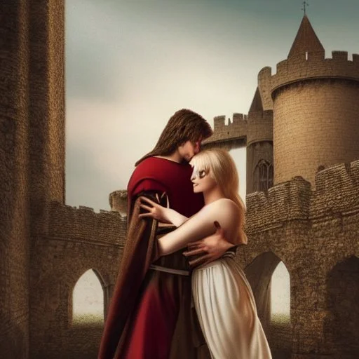 A photo realistic portrait of a stunning blonde girl and muscular dark haired man in a lovers embrace standing in front of a medieval castle