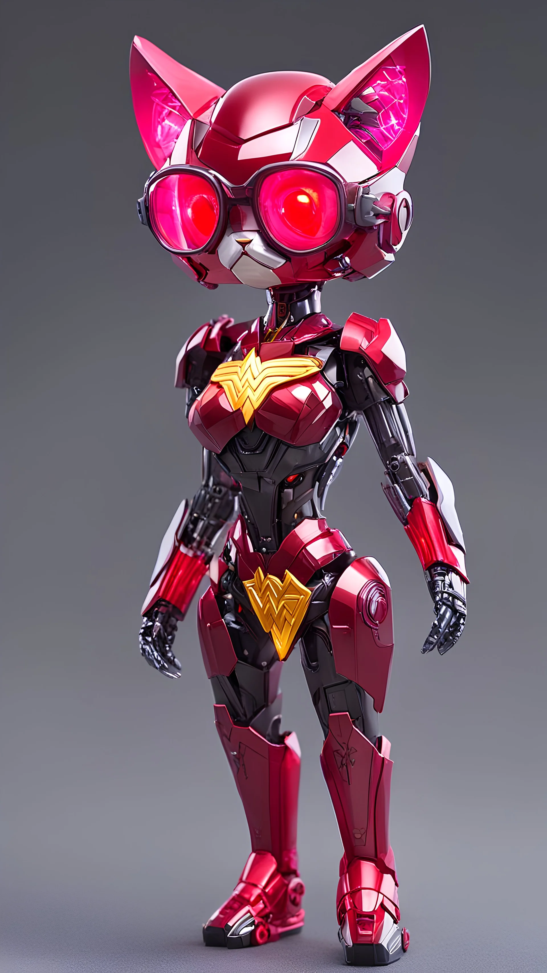 (robotic cat humanoid form inspired wonder woman,logo on tie , scarlet witch armour full body ,: 1.3), ((blind box toy style:1.3)), (full body shot), a cute transparent robot cat, Transparent Mech, Exquisite Helmet cat :1.2, Glasses:1.2, Cyberpunk, dreamy glow , bright neon lights, clean, white background, (global illumination, ray traching, HDR, unrealistic render, reasonable design, high detail, master part, best quality, hyper HD, cinematic lighting)
