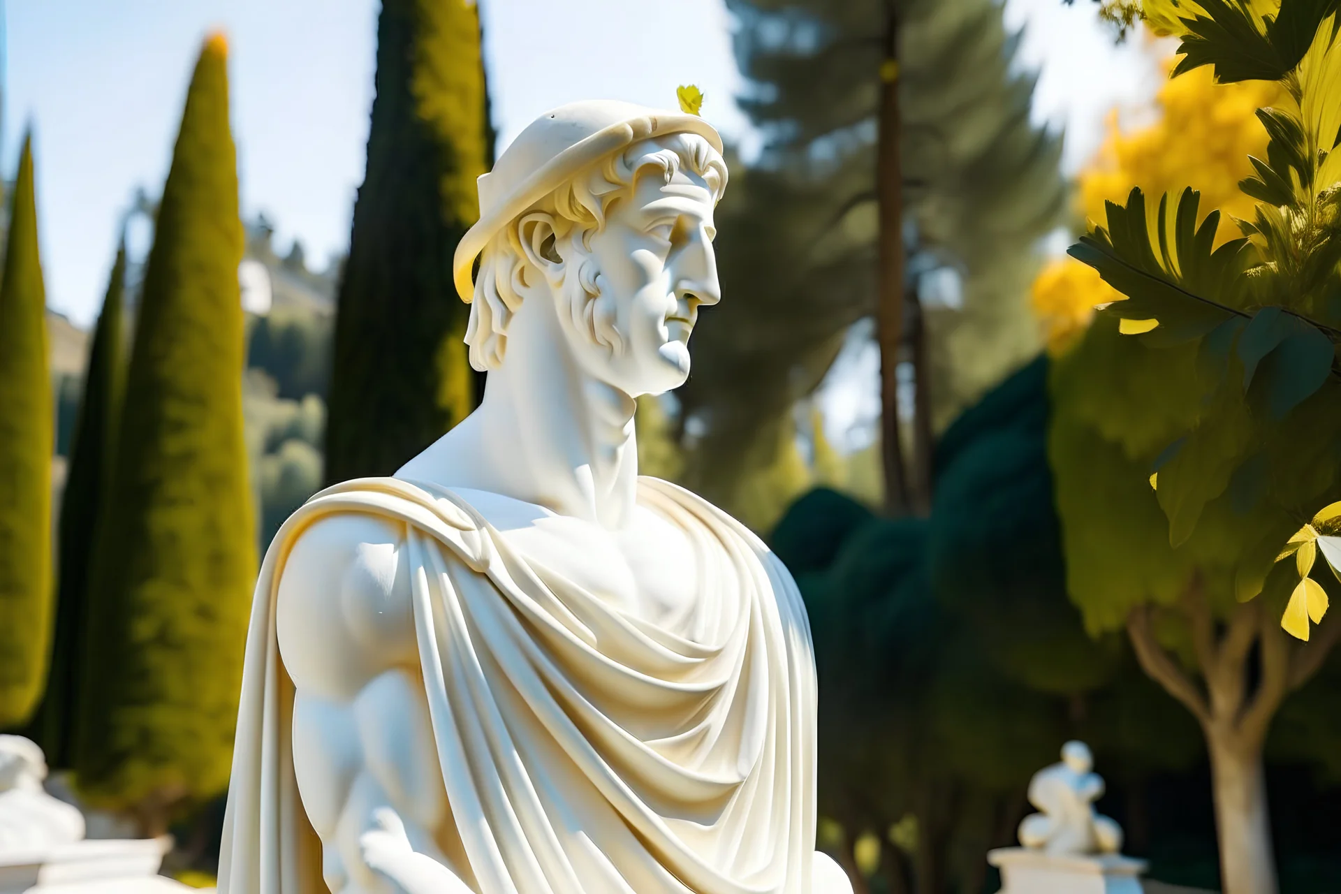 portrait haute résolution d'une statue grecque en marbre blanc, d'un homme portant une couronne de laurier en or pour seul vêtement, angle de vue parfait, en extérieur, soleil éclatant, verdures, arbres méditerranéen tout autour, pinède, comme à Delphes en Grèce.