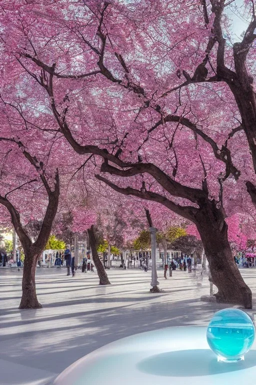 Syntagma in Athens Greece captured inside a big snow crystal ball . fantasy , scifi , unreal engine 5, 8k , 24mm , deep colours , blue , white ,pink cherry blossom, green bonsai trees , cinematic , futuristic .