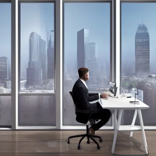 man sitting at his desk wearing a suit in an office, beautiful view of the city from his window, dramatic, dramatic lighting, volumetric lighting, hyperrealism, 8k, high quality, photorealistic, lot of details