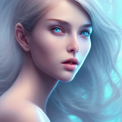 portrait girl look beautiful like shy, hyper details, 8k, realistis, rekfleksi, rtx, eye looks ocean blue, sort hair, glow, very cool expresion, breash, milk