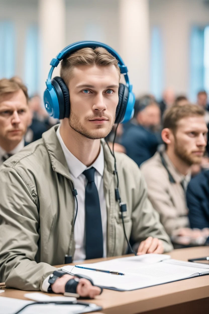 A simultaneous translator of Slavic appearance is sitting at a table with headphones with a microphone at a briefing, in a large hall, there are a lot of people around, the background is blurred, everything is in pastel light colors