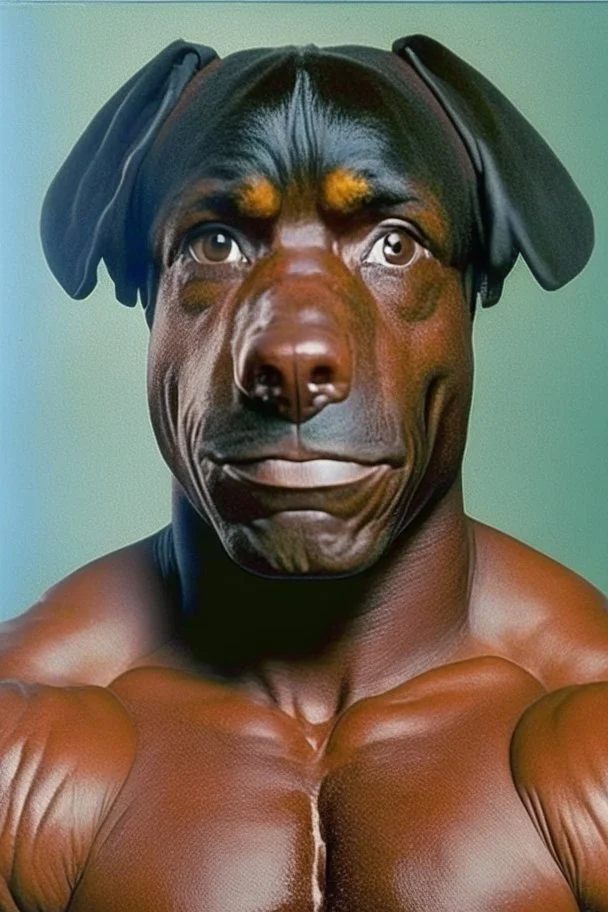 Bodybuilder Lee Haney with the face of a Rottweiler dog A dog's head instead of a person's head