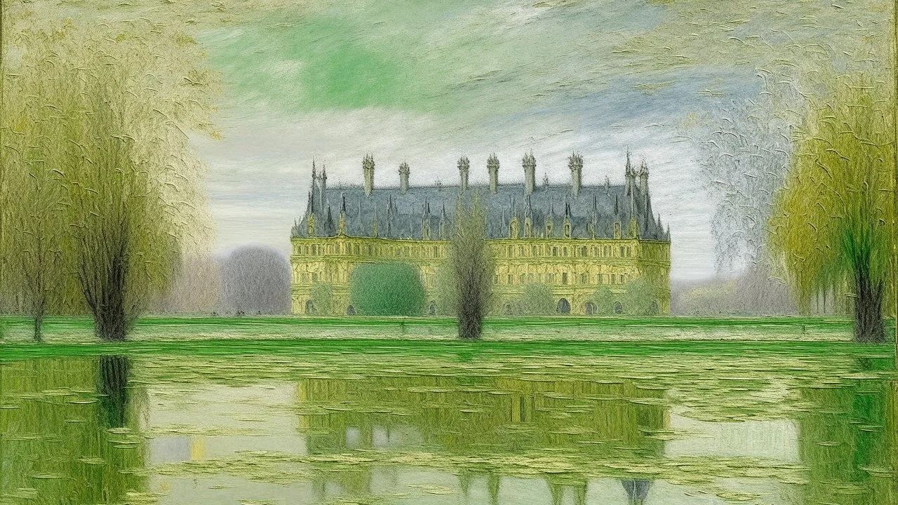 A pale light green palace covered in glitter in the sky painted by Claude Monet