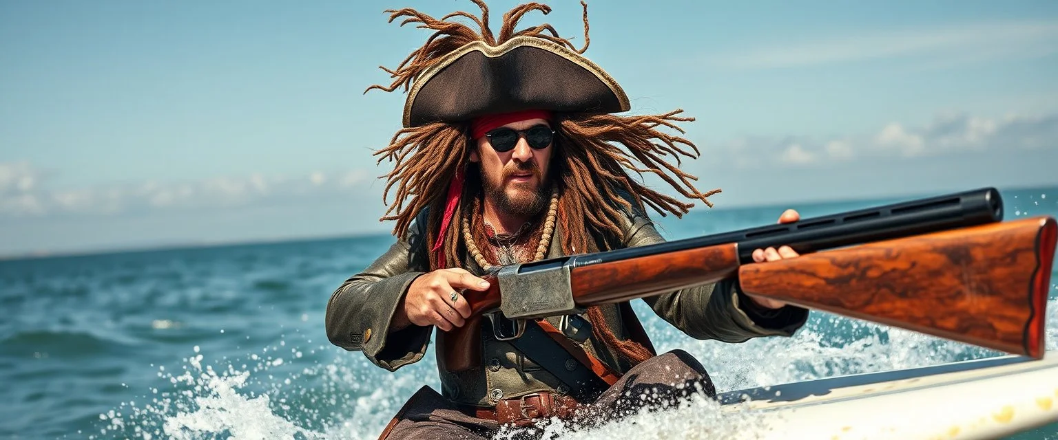 pirate shotgun mozart with wig, looking hot and crazy on a surfboard