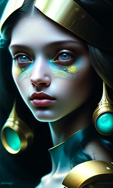 young girl, cute, beautiful, long curly hair, black hair, light green skin, flat nose, black eyes, big eyes, turquoise dress, head and shoulders portrait, 8k resolution concept art portrait by Greg Rutkowski, Artgerm, WLOP, Alphonse Mucha dynamic lighting hyperdetailed intricately detailed, avatar pandora