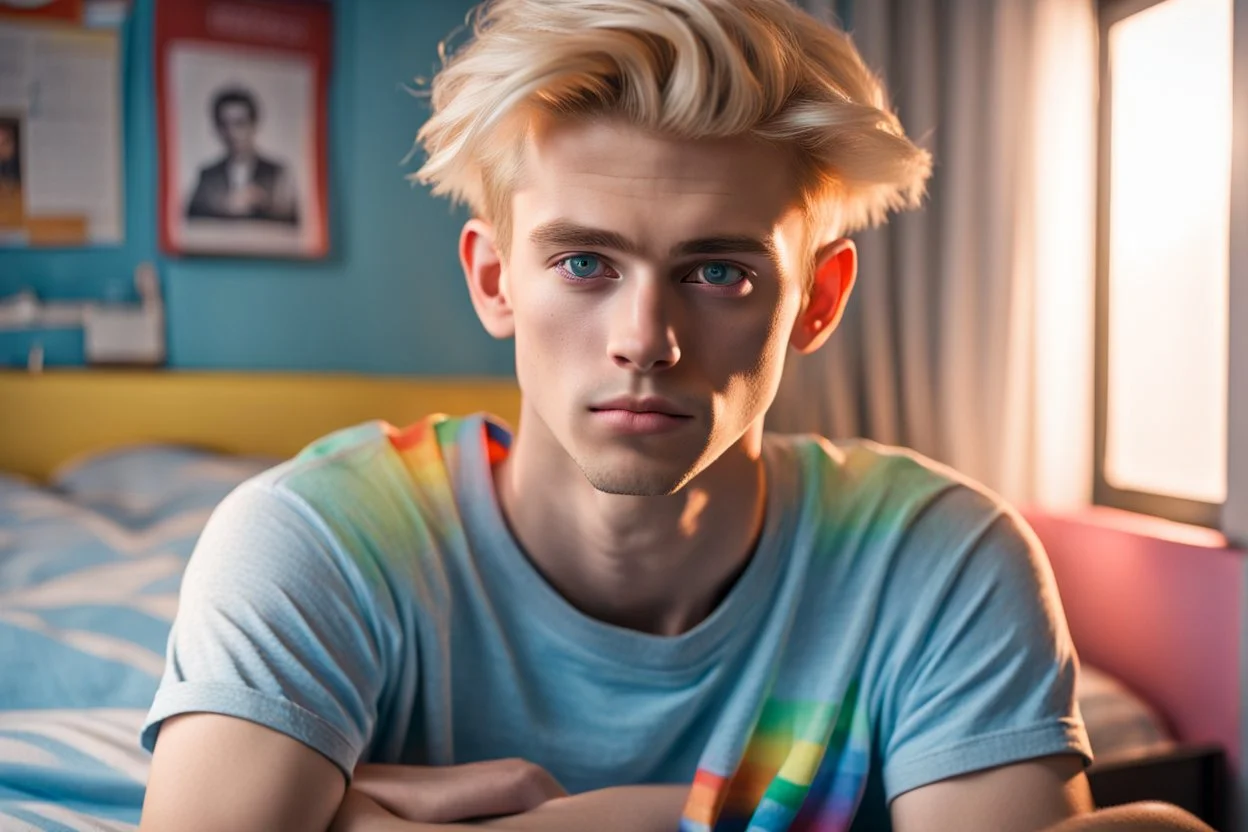 Fotorealistisch 16jähriger schlanker effeminierter blonder Junge mit hellblauen Augen, das Haar mit Gel nach hinten gekämmt, Zigarette lässig im Mund, gekleidet in geringeltes T-Shirt in Regenbogenfarben, sitzt lässig auf Bett in Studentenbude