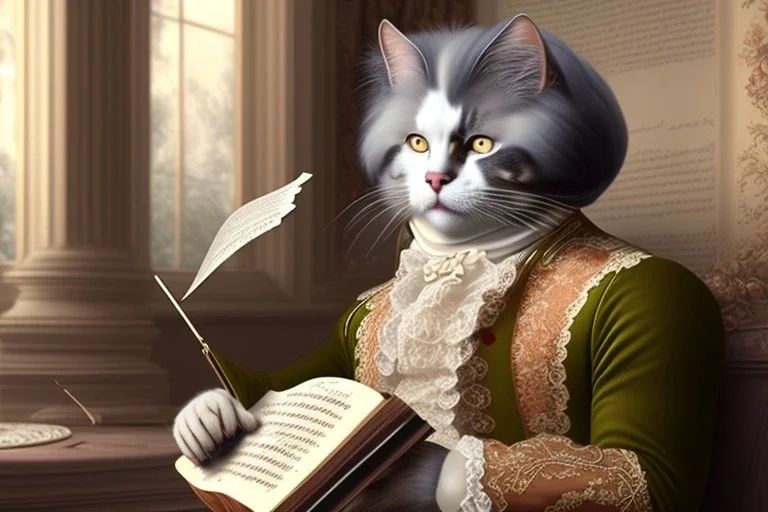 Mature cats dressed like _Wolfgang Amadeus Mozart_, paws, perfect iris, playing music, realistic, extremely accurate, delicate, extremely detailed, Graphic novel style, wide-angle, open aperture, superfine pencil