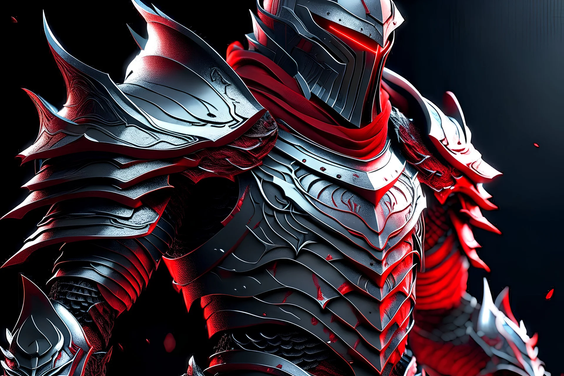 silver and red knight armor with glowing red eyes, and a ghostly red flowing cape, crimson trim flows throughout the armor, the helmet is fully covering the face, black and red spikes erupt from the shoulder pads, crimson hair coming out the helmet, spikes erupting from the shoulder pads and gauntlets