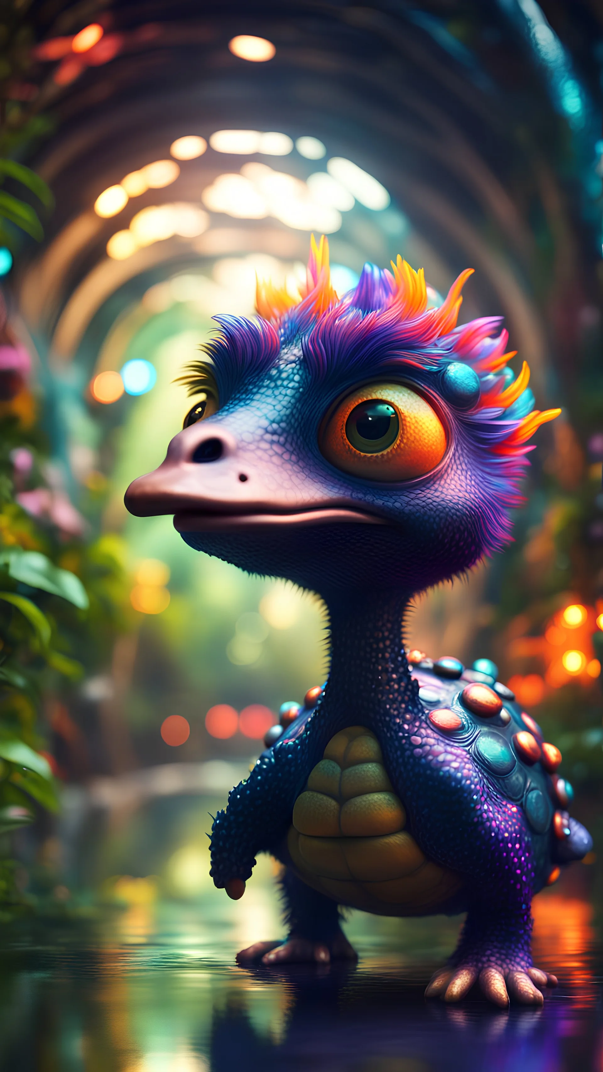 Psychedelic fire breathing space ostrich turtle dragon with friendly cute face and hair like a rocker, in dark lit reflective wet jungle metallic hall dome hotel tunnel, in the style of a game,bokeh like f/0.8, tilt-shift lens 8k, high detail, smooth render, down-light, unreal engine, prize winning