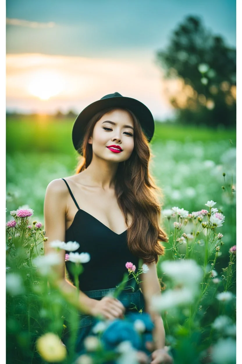 Young woman in flower field in the evening