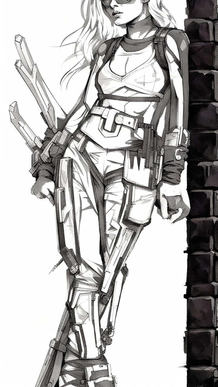 teen woman in retro-futurist cyberpunk costuming with pants and sheathed swords leaning to the side with shoulder against a brick pillar, background is brick with graffiti of a large arrow pointing to the right and text of the word "PUB" on lower left