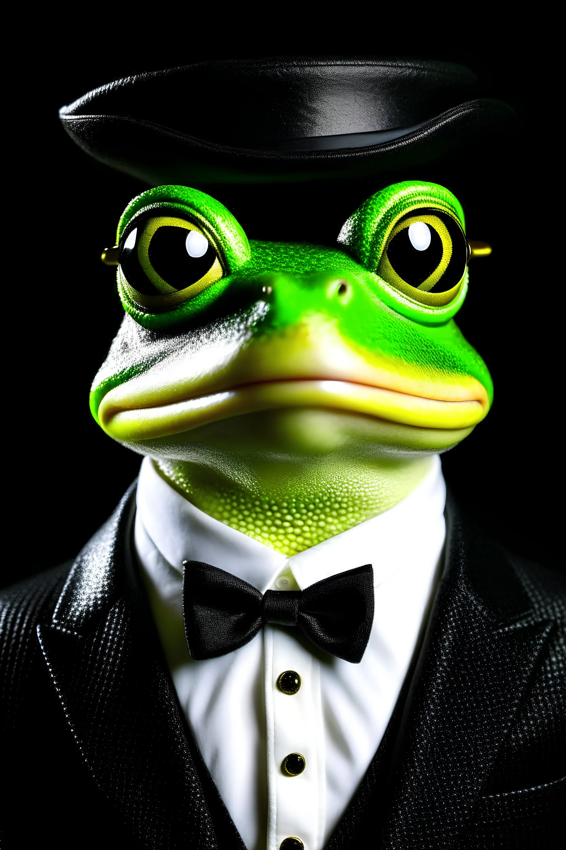An elegant frog with glasses and a tuxedo