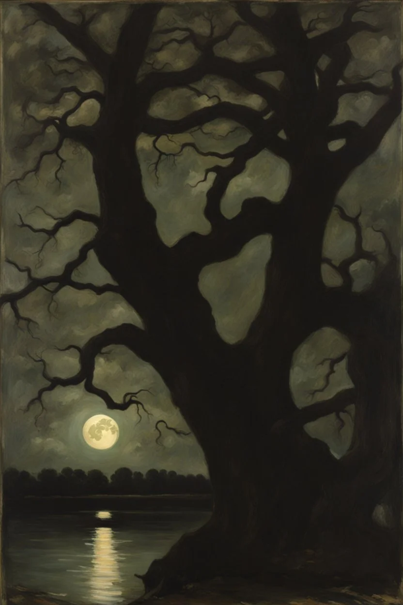 Night, tree leaves, moon, rocks, clouds, creepy gothic movies influence, horror, gustave caillebotte, alfred stevens, and anna boch impressionism paintings