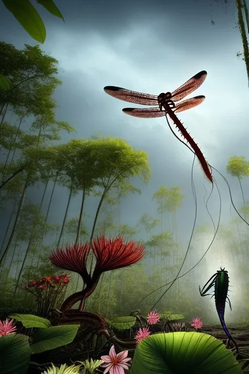 large venus fly trap with teeth eating a dragonfly, flowers, jungle, hyperrealistic, trees in background, digital art, alien like, disgusting, intricate, morbid, rainy, sinister, volumetric lighting, unreal engine, high resolution, 8k, depressing colors, dark colors, horror, horrific,