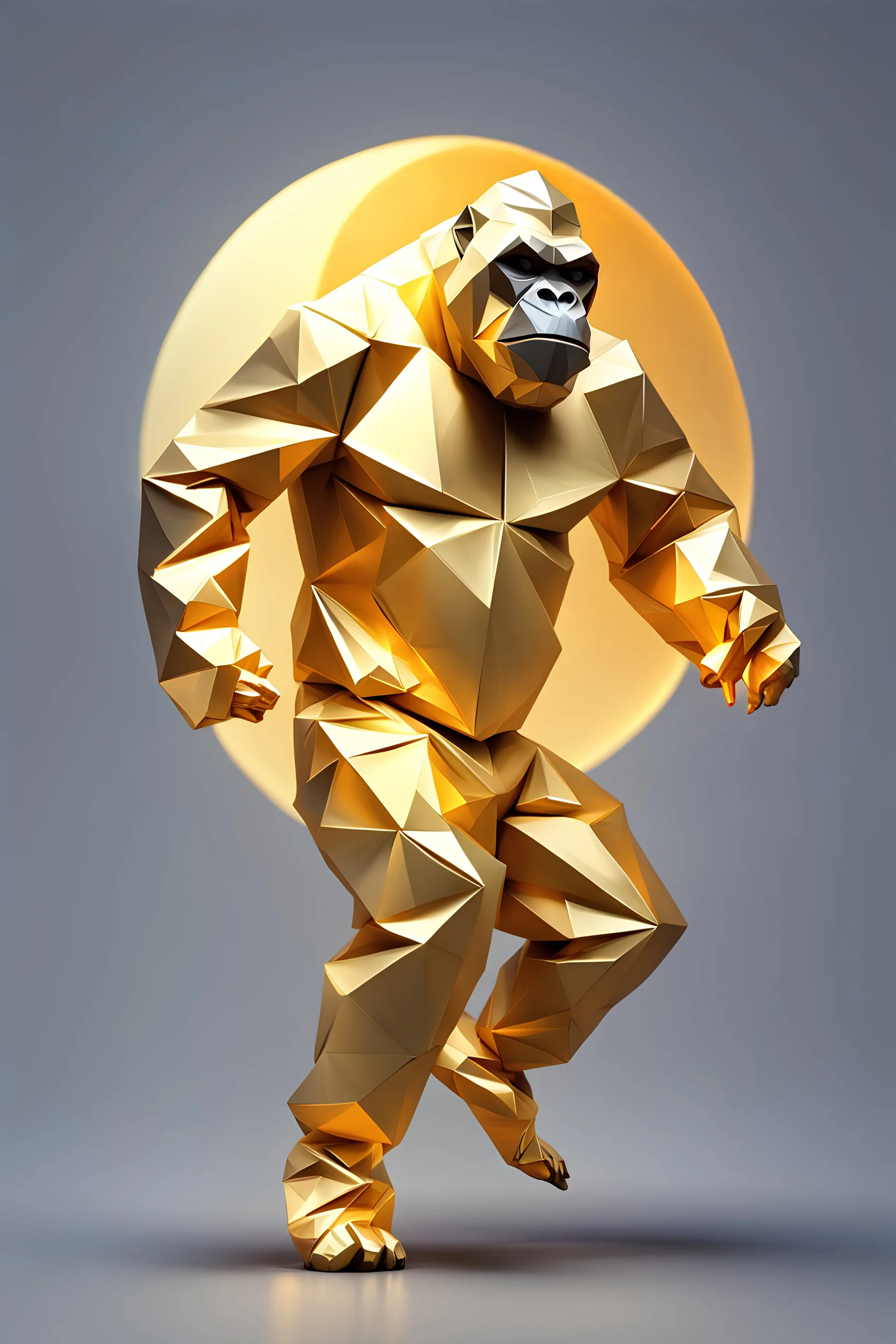 close up of a low poly origami of golden reflective metallic over size gorilla hip hop break dance strike the pose moon walking over a gradient solid background