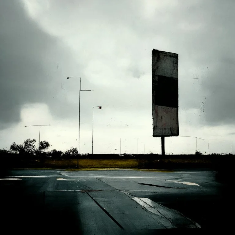 Minimal contemporary abstract oil paintings of desolate 1960s carpark with road markings and concrete fragments. Overlay with grungy typography graphics. style of Justin Mortimer and Francis Bacon.