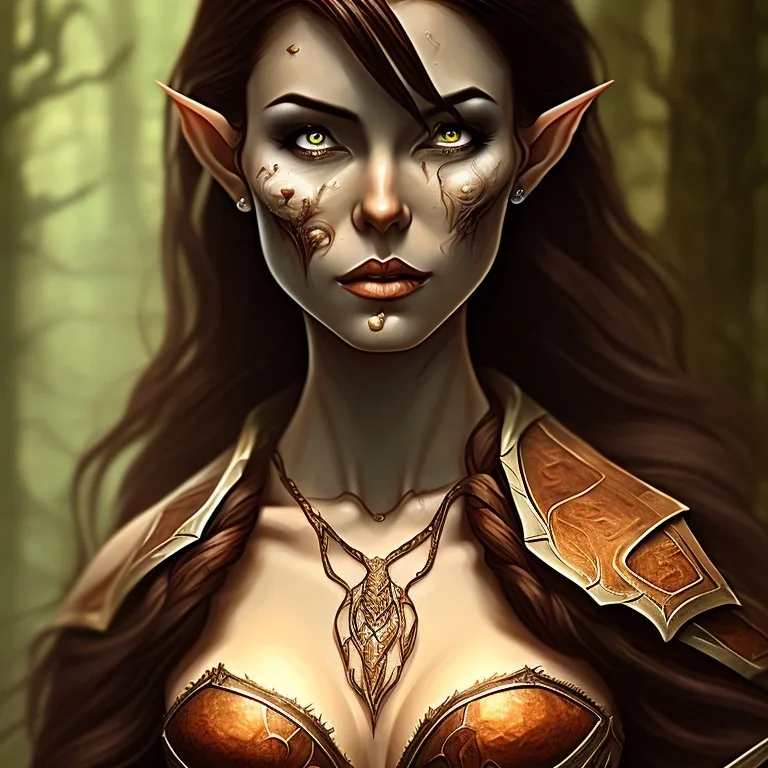 dungeons and dragons, female wood elf, druid, brown hair, brown eyes, full body, realistic face, short hair, hair tied back, large nose, closed mouth, leather armor, face scars, tan skin