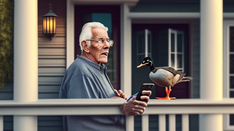 confused older man using cellphone on his porch chasing off the ducks