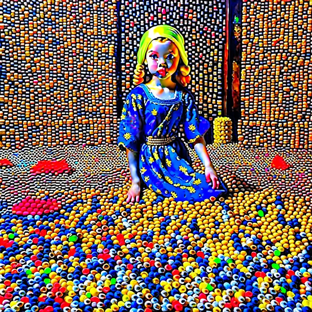 "Girl with a Pearl Earring" famous painting with scattered LEGO toys on the floor.