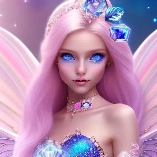  beautiful, soft, whide smile face,whole head, long blonde straight hair, blue eyes, fairy wings on the back, transparent crystal blue and pink clothes, background blue and pink, big definition, 8K